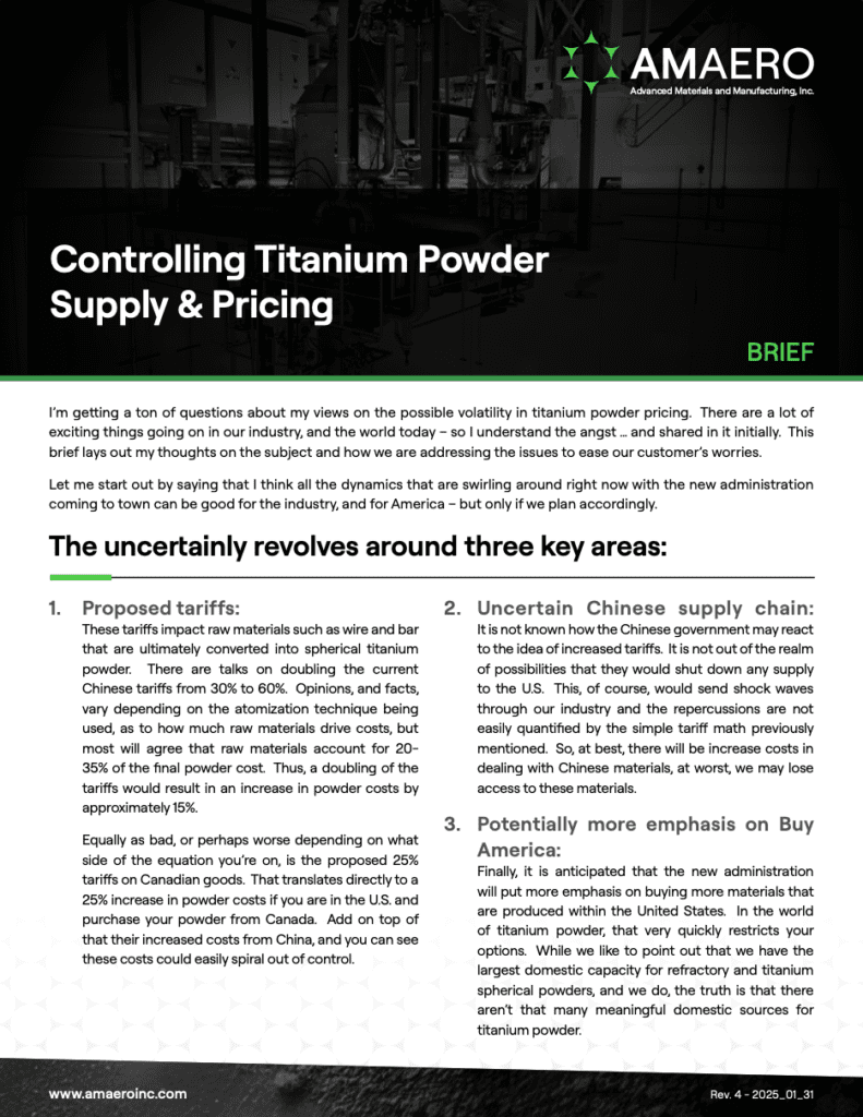 an industry brief from Amaero titled "Controlling Titanium Powder Supply & Pricing."